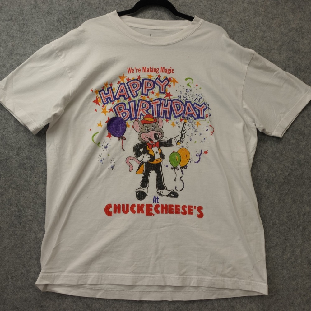 Vintage Chuck E Cheese T Shirt LARGE White Happy Birthday Cartoon 90s Tee USA